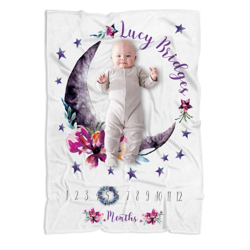 Baby Month Milestone Blanket- Moon and Stars - Celestial - Girl - Personalized Baby Blanket - New Mom Baby Shower Gift - 211IHPLNBL516