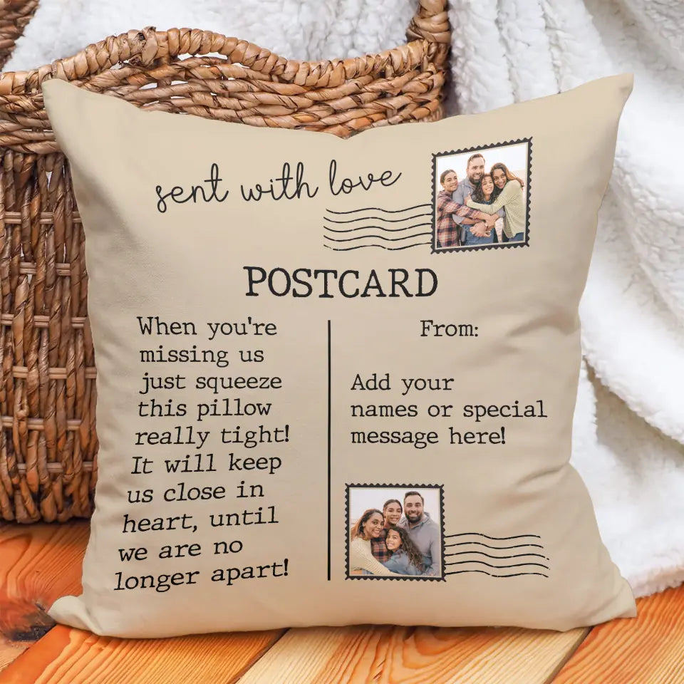 Sent with Love Postcard - When You&#39;re Missing Us Just Squeeze This Pillow Really Tight - Canvas Pillow - Best Gift for Daughter from Mother &amp; Father - Long Distance Gifts - 211ICNNPPI135