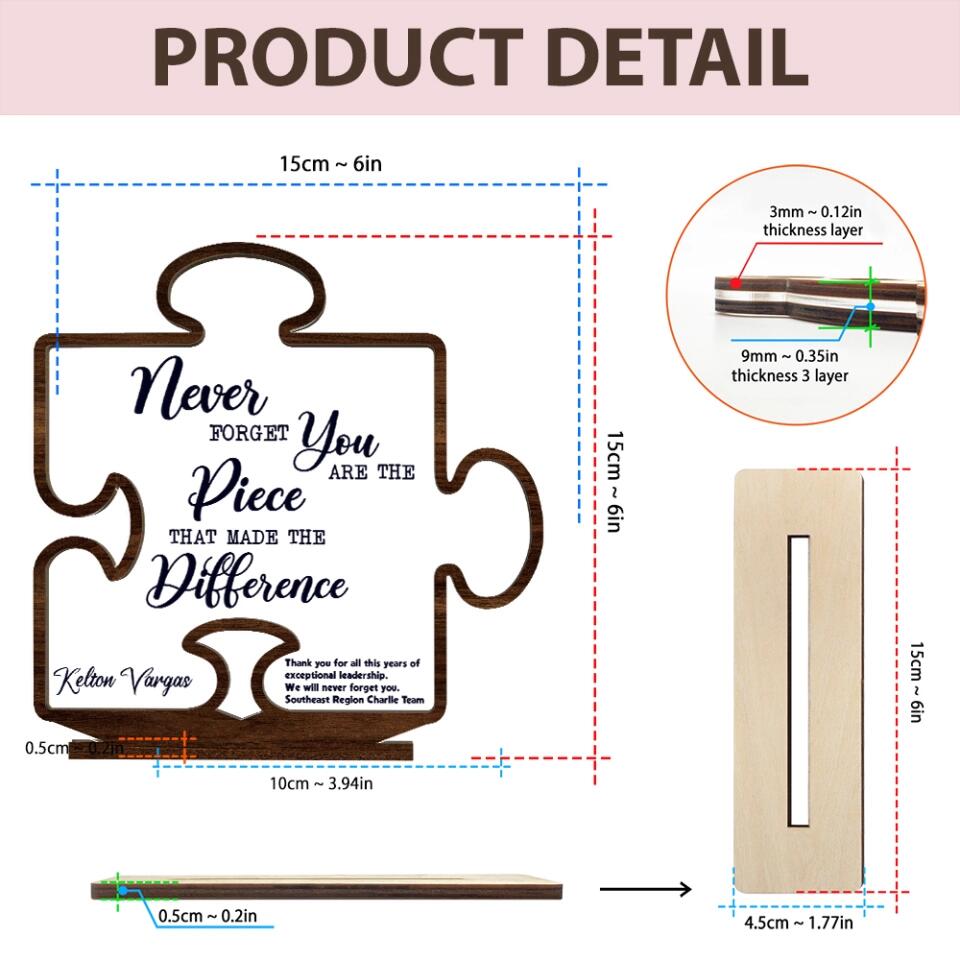 Never Forget That You Are The Piece Made The Difference - Acrylic & Wooden Plaque - Thank You Gift