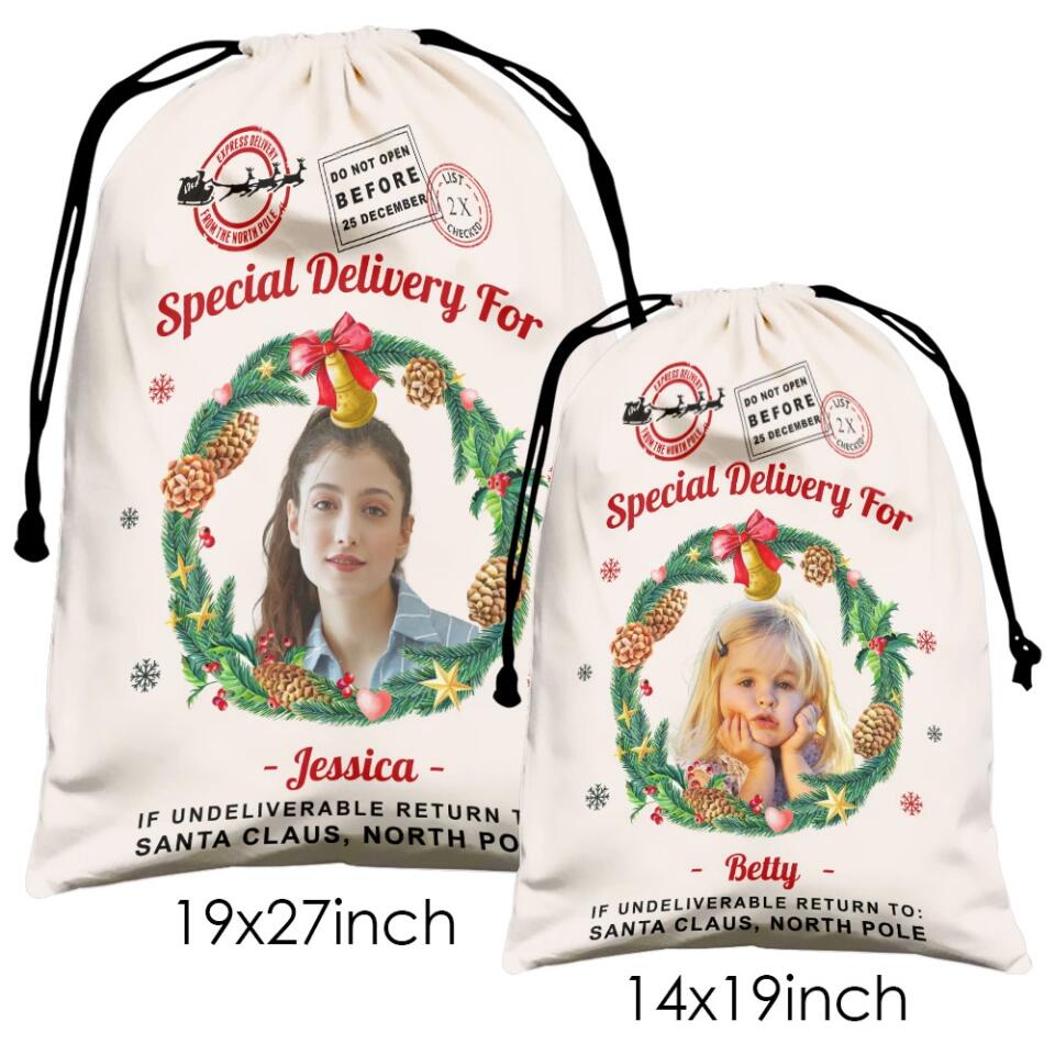 Christmas Santa Sack With Photo and Wreath - Personalized Sack