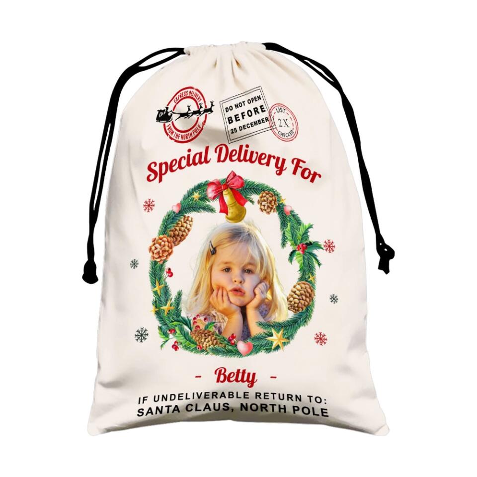 Christmas Santa Sack With Photo and Wreath - Personalized Sack