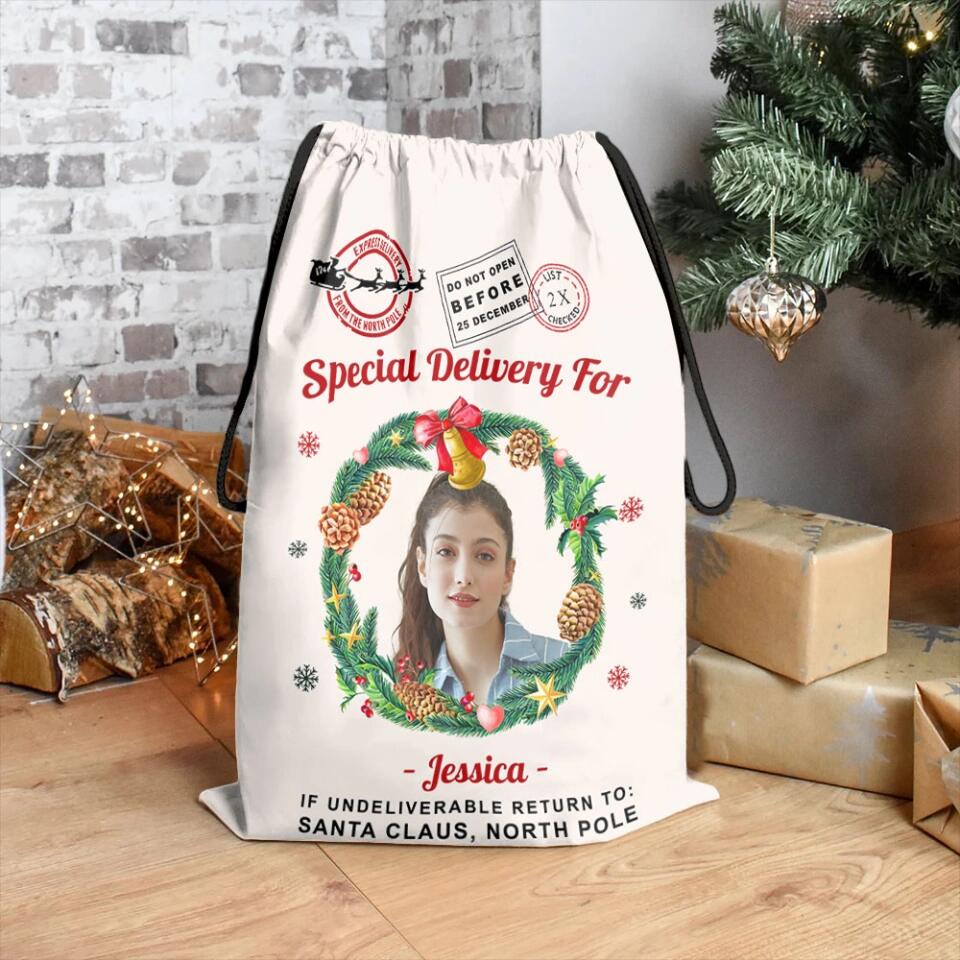 Christmas Santa Sack With Photo and Wreath - Personalized Sack