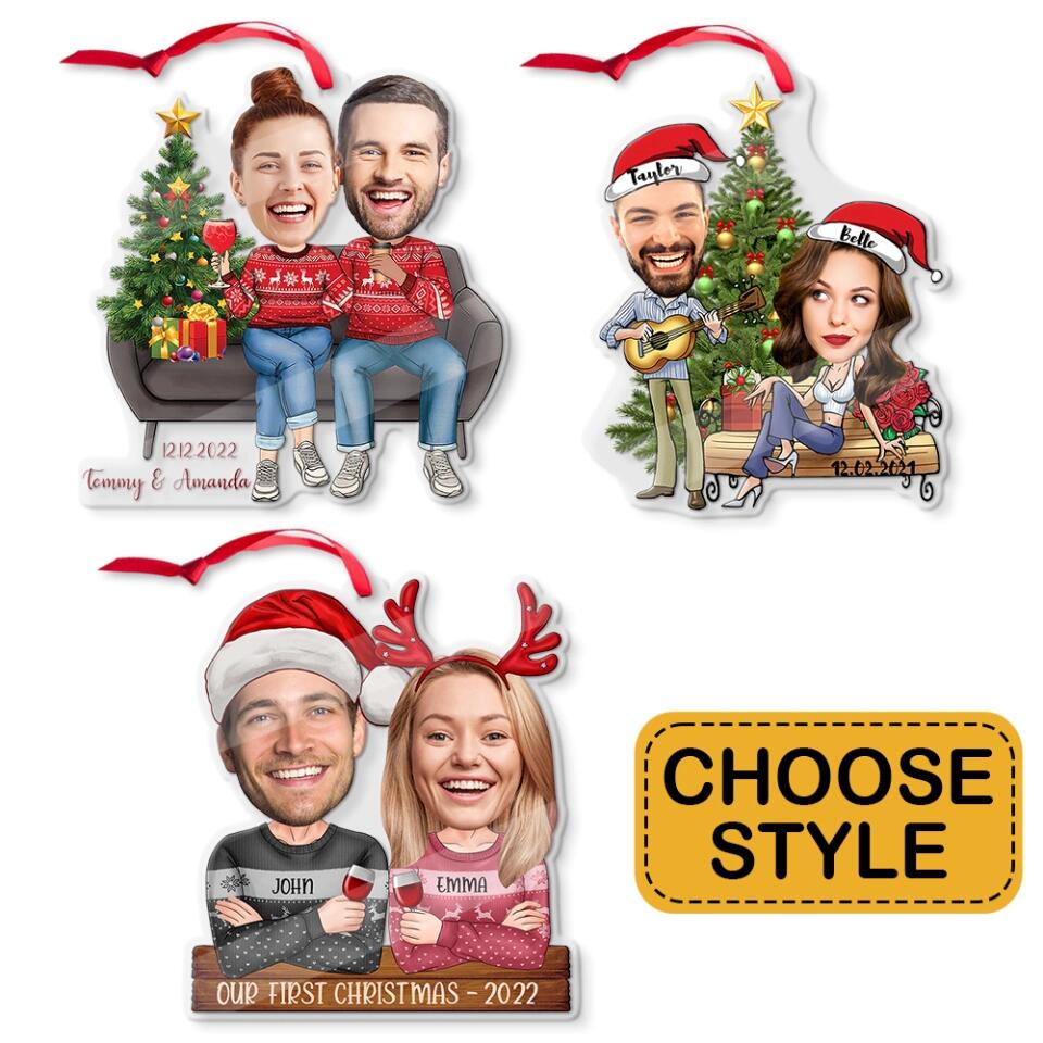 Couple on Christmas - Our First Christmas - Personalized Faces & Names - Custom Face Ornament - Christmas Gift for Her Him - Hanging Decor