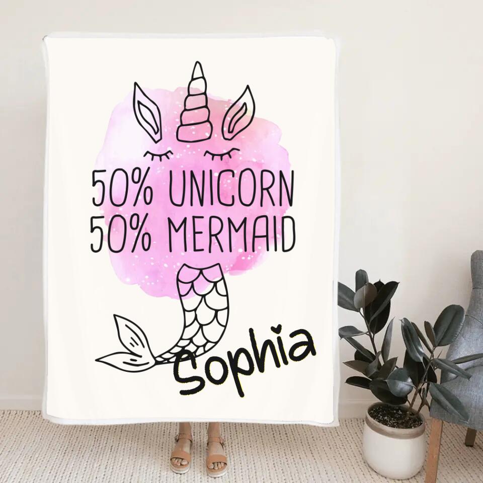 50% Unicorn 50% Mermaid - Personalized Name - Custom Nickname - Blanket - Fleece Blanket - Best Gift for Girl Baby Kid - Christmas Gift for Daughter Niece Sister - 211ICNNPBL267