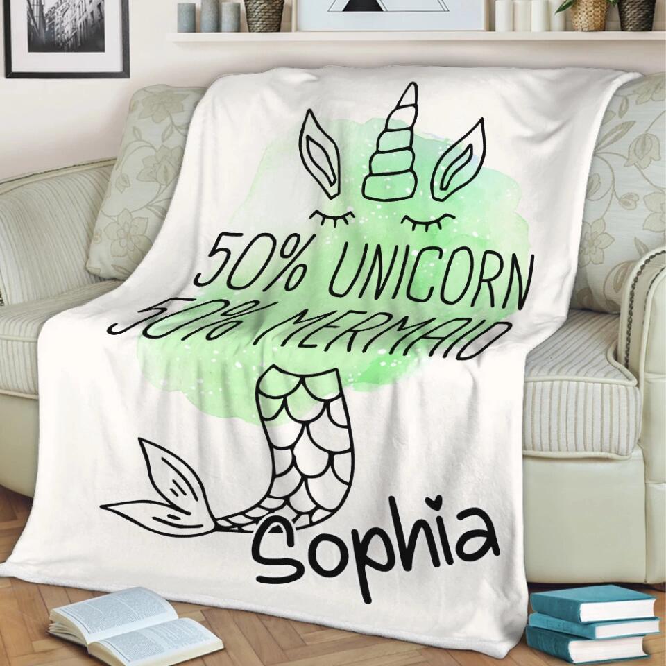 50% Unicorn 50% Mermaid - Personalized Name - Custom Nickname - Blanket - Fleece Blanket - Best Gift for Girl Baby Kid - Christmas Gift for Daughter Niece Sister - 211ICNNPBL267