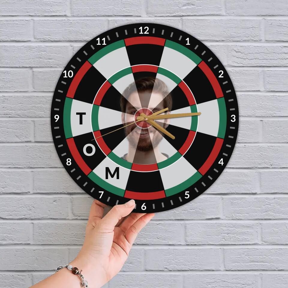 Personalized Photo And Name - Customized Dart Board Wall Clock - Funny Game Room Decor - Gift for Dart Board Lover - 210ICNNPWC047