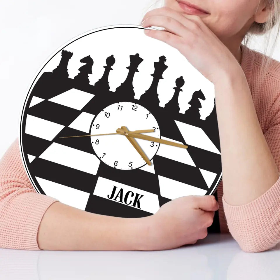 CHESS BOARD - Personalized Wall Clock with Name - Wall Hanging Decor - Gift for Chess Lovers