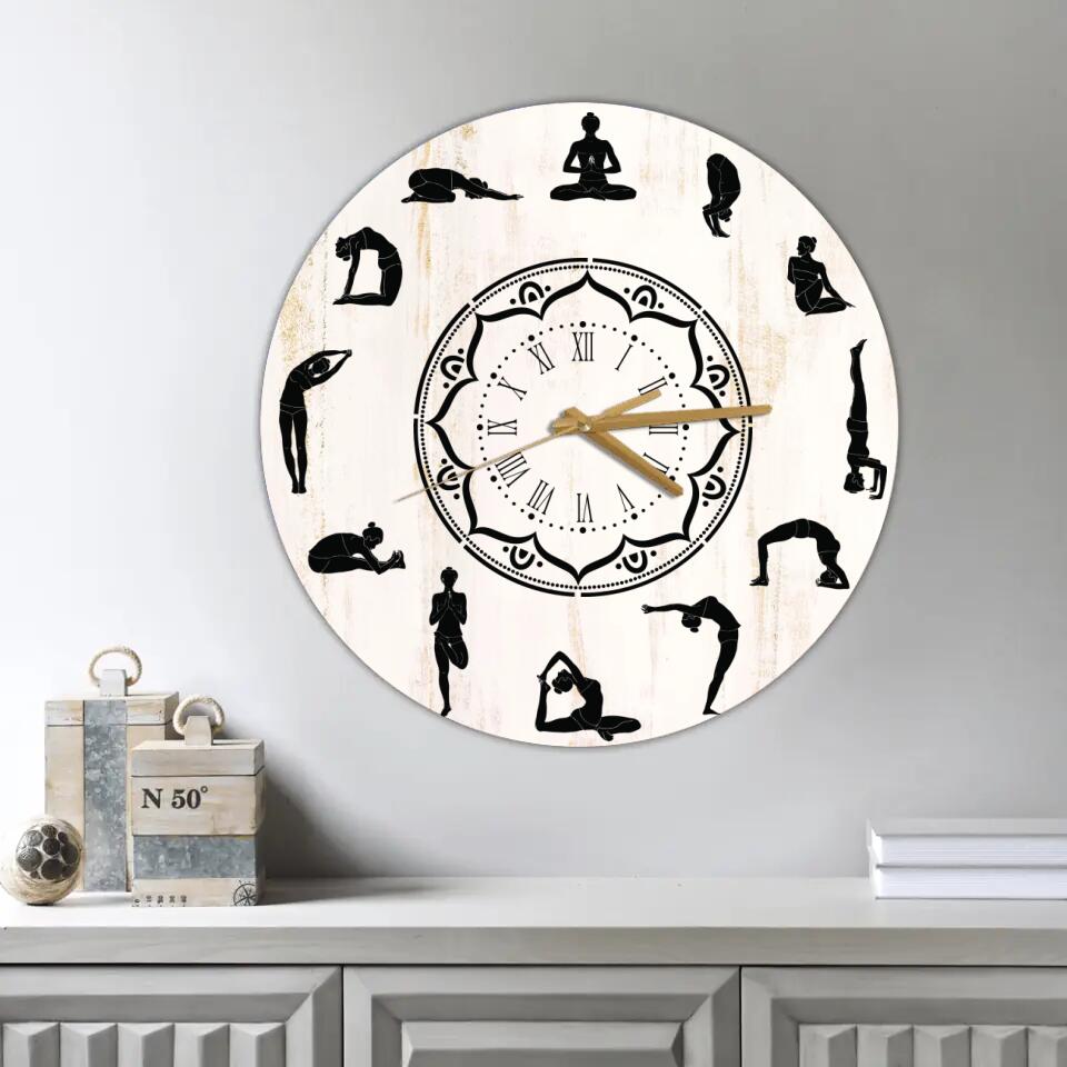 YOGA Wood Wall Clock, Yoga Studio Decor For Wall, Home Kitchen Bedroom Yoga Wall Art, Meditation Wall Art Gifts For Woman Men - 212IHNBNWC955