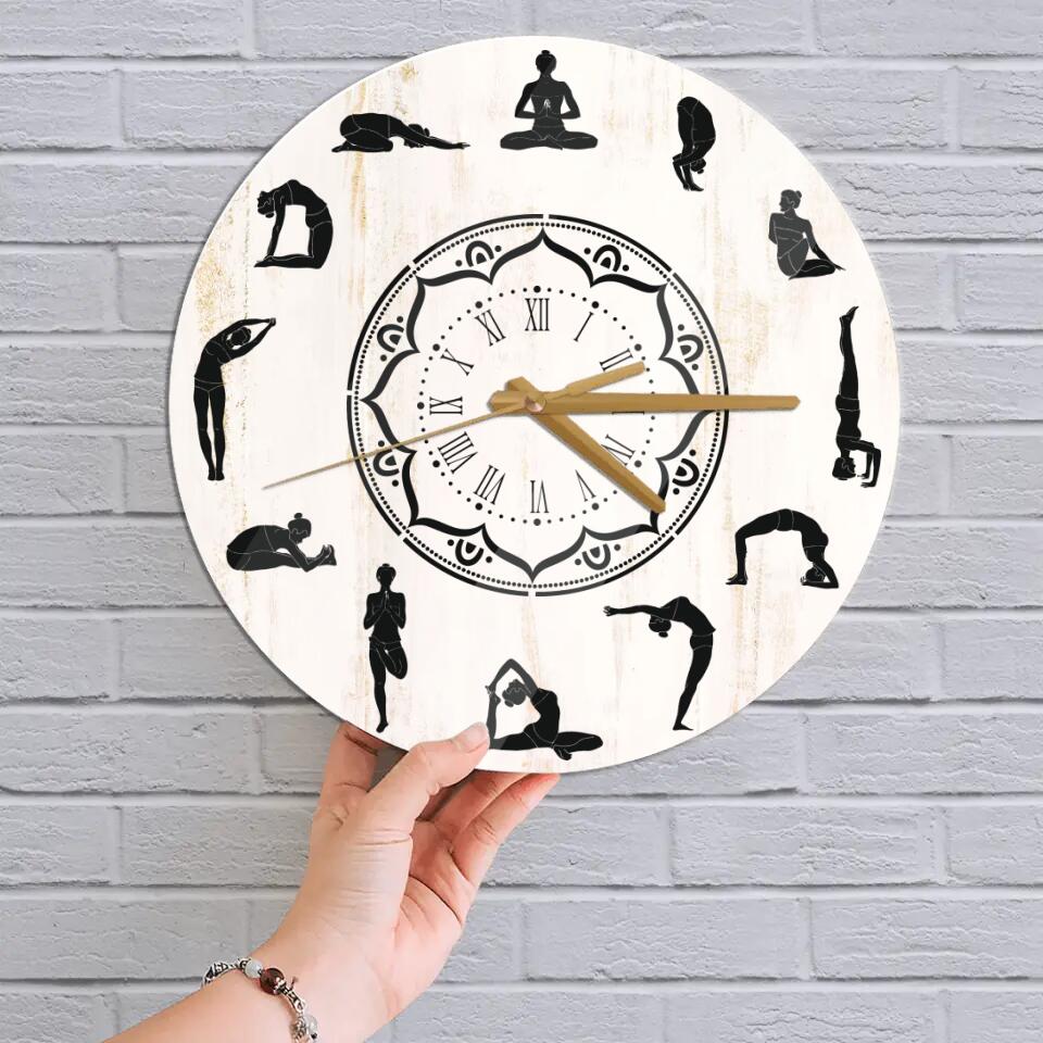 YOGA Wood Wall Clock, Yoga Studio Decor For Wall, Home Kitchen Bedroom Yoga Wall Art, Meditation Wall Art Gifts For Woman Men - 212IHNBNWC955