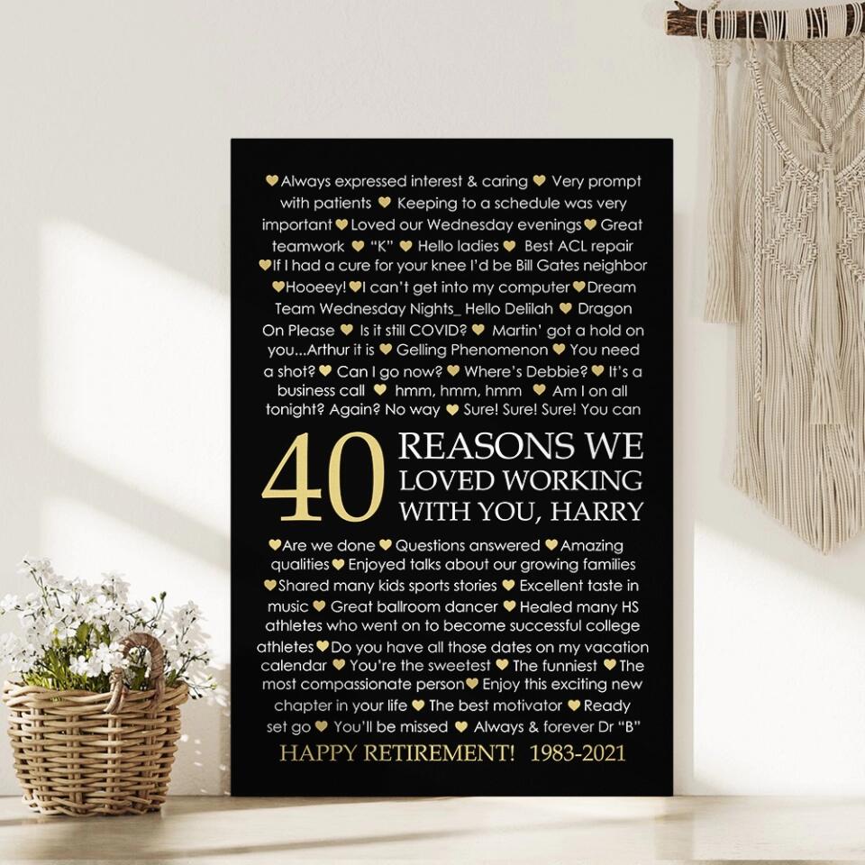 40 Reasons We Loved Working With You Custom Canvas Poster Retirement Gift For Coworkers