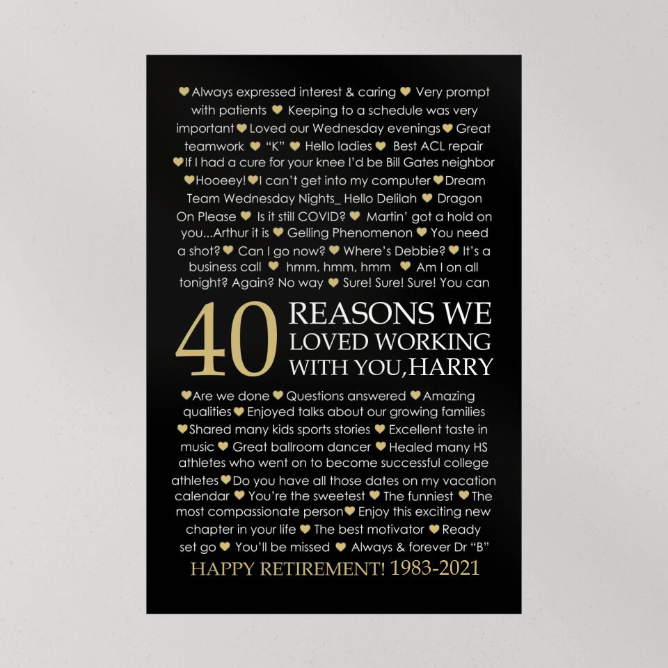 40 Reasons We Loved Working With You Custom Canvas Poster Retirement Gift For Coworkers