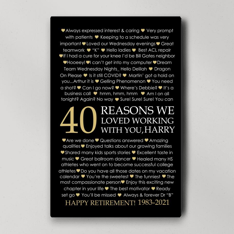 40 Reasons We Loved Working With You Custom Canvas Poster Retirement Gift For Coworkers