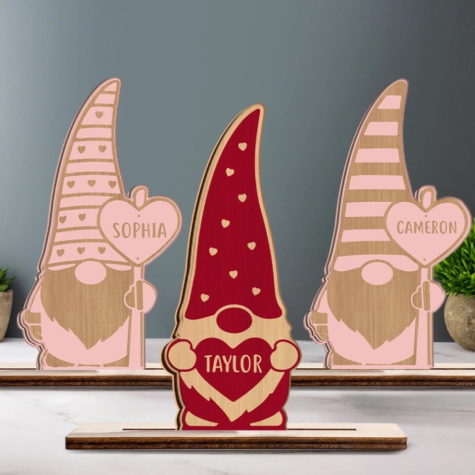 Cute Gnomes with Heart - Gnome Valentine Day Theme - Personalized Name - Custom Wooden Plaque - Lovely Valentine Gift for Boyfriend Girlfriend Husband Wife - 301ICNWP0039