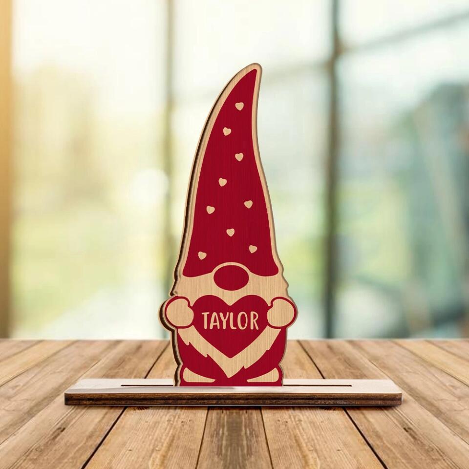 Cute Gnomes with Heart - Gnome Valentine Day Theme - Personalized Name - Custom Wooden Plaque - Lovely Valentine Gift for Boyfriend Girlfriend Husband Wife - 301ICNWP0039