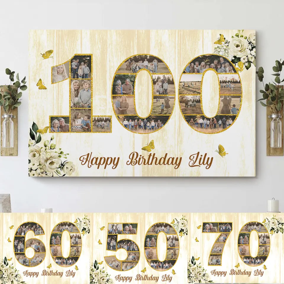 Happy Birthday 40 to 100 Custom with Photo and Name - Personalized Canvas Poster