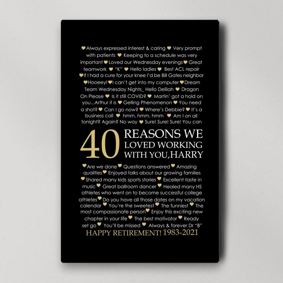 40 Reasons We Loved Working With You Custom Canvas Poster Retirement Gift For Coworkers