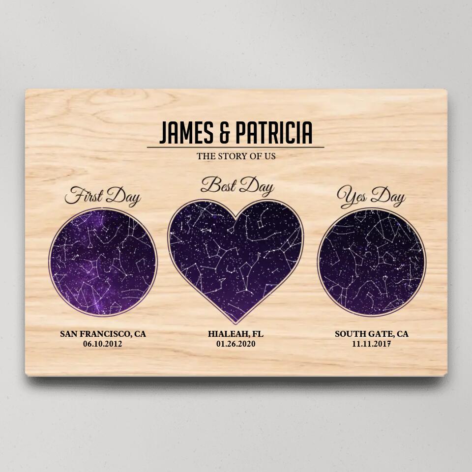The Story Of Us First Day Best Day And Yes Day - Custom Star Map Canvas Poster - Anniversary Gift For Couples