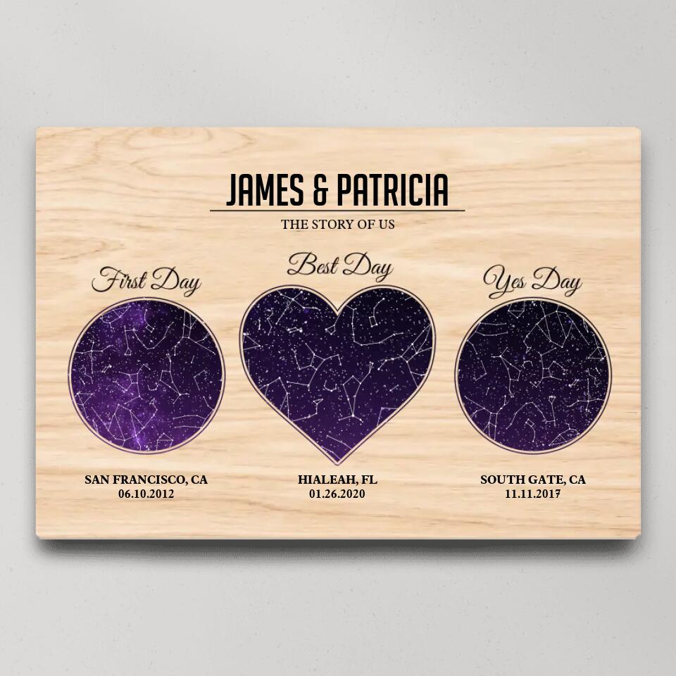 The Story Of Us First Day Best Day And Yes Day - Custom Star Map Canvas Poster - Anniversary Gift For Couples