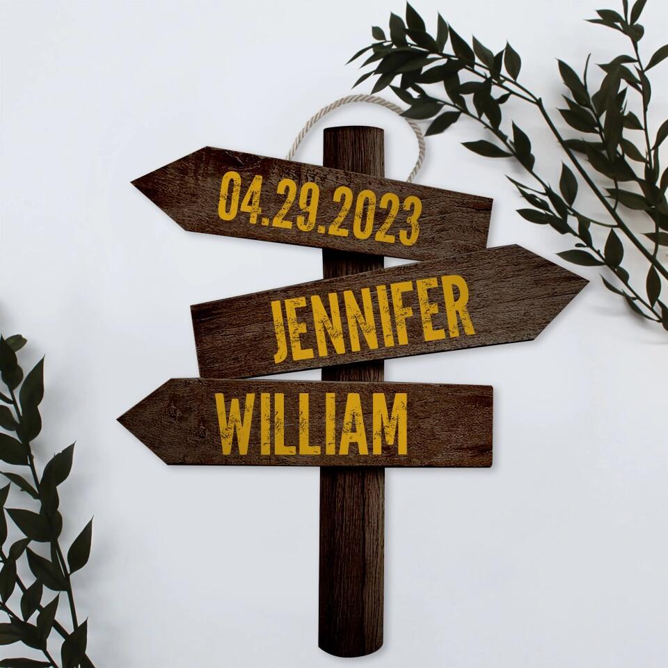 Couple Wooden Sign Personalized Valentine Gifts - Personalized Couple Name & Date - Wood Direction Sign - Custom Shape Wooden Sign