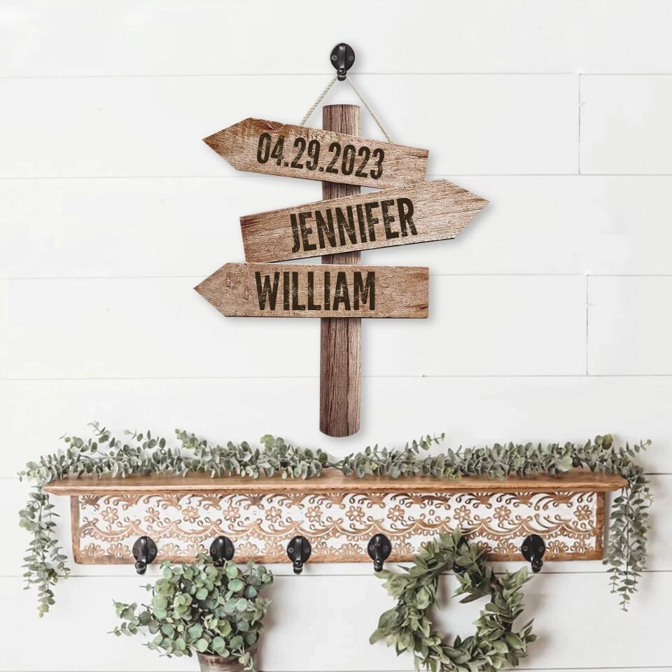 Couple Wooden Sign Personalized Valentine Gifts - Personalized Couple Name & Date - Wood Direction Sign - Custom Shape Wooden Sign