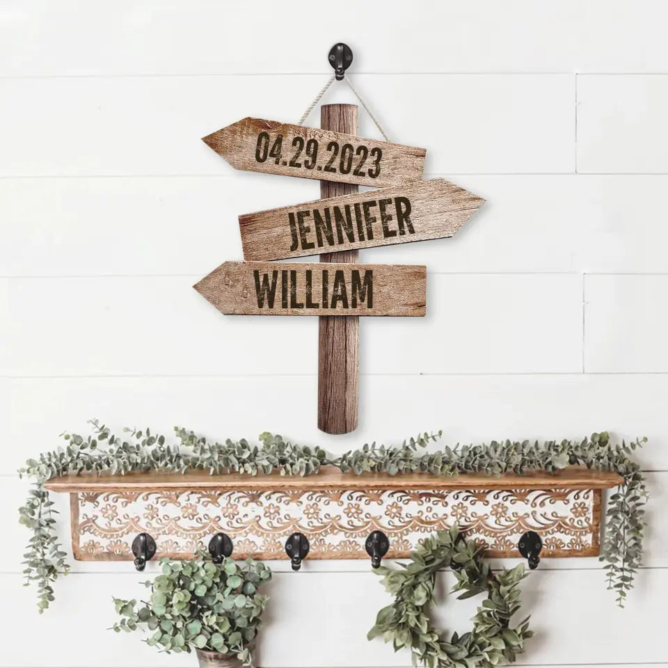 Personalized Couple Name &amp; Date - Wood Direction Sign - Custom Shape Wooden Sign