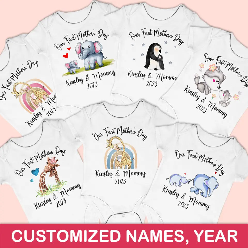 Our First Mother&#39;s Day - Personalized Baby Onesie - Cute Animal Pattern