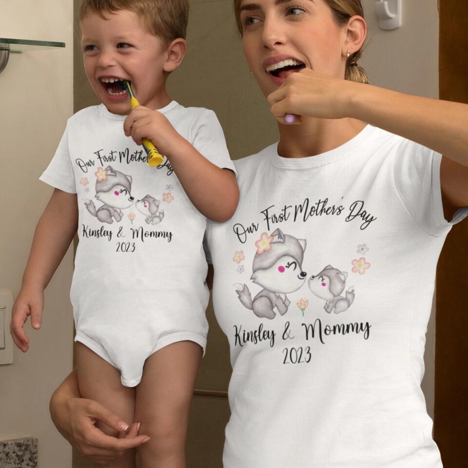 Our First Mother's Day - Personalized Baby Onesie - Cute Animal Pattern
