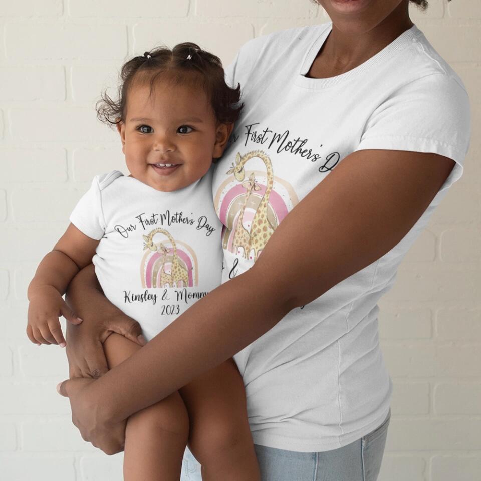 Our First Mother's Day - Personalized Baby Onesie - Cute Animal Pattern