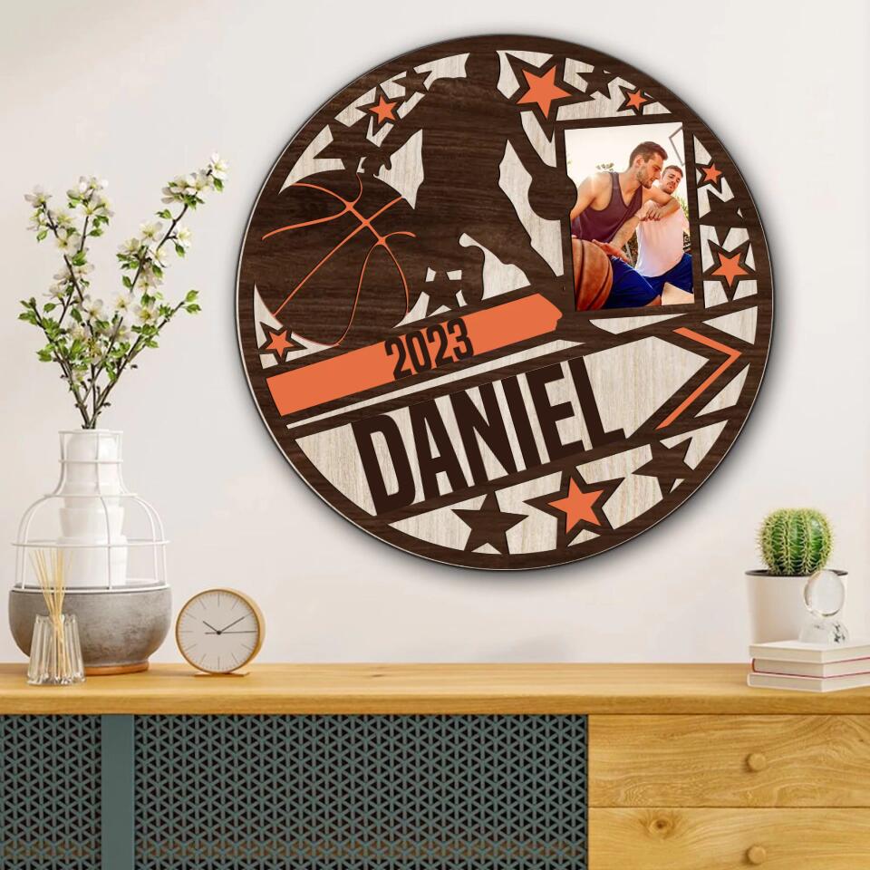 Personalized Custom Basketball Sign / Plaque with player name and number engraved-split design, basketball Wooden Plaque 3 Layers - 302IHPNPLP219