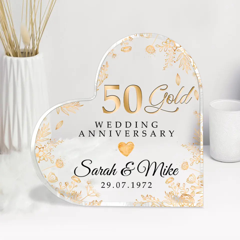50 Gold Wedding Anniversary - Floral Style - 50 Years of Marriage Keepsake - Heart Acrylic Plaque - Home Decor - Anniverary Gifts for Her Him - Golden Anniversary Party Gifts - 302ICNLNAP231