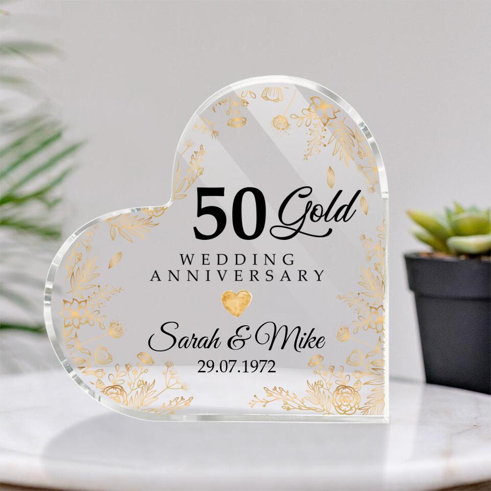 50 Gold Wedding Anniversary - Floral Style - 50 Years of Marriage Keepsake - Heart Acrylic Plaque - Home Decor - Anniverary Gifts for Her Him - Golden Anniversary Party Gifts - 302ICNLNAP231