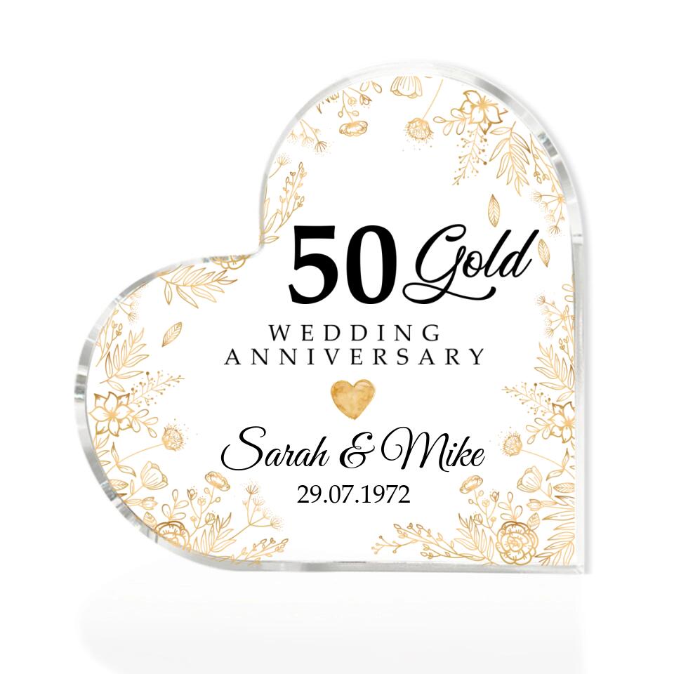 50 Gold Wedding Anniversary - Floral Style - 50 Years of Marriage Keepsake - Heart Acrylic Plaque - Home Decor - Anniverary Gifts for Her Him - Golden Anniversary Party Gifts - 302ICNLNAP231