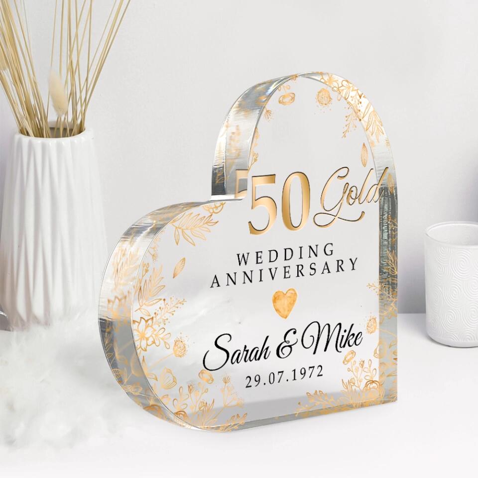 50 Gold Wedding Anniversary - Floral Style - 50 Years of Marriage Keepsake - Heart Acrylic Plaque - Home Decor - Anniverary Gifts for Her Him - Golden Anniversary Party Gifts - 302ICNLNAP231