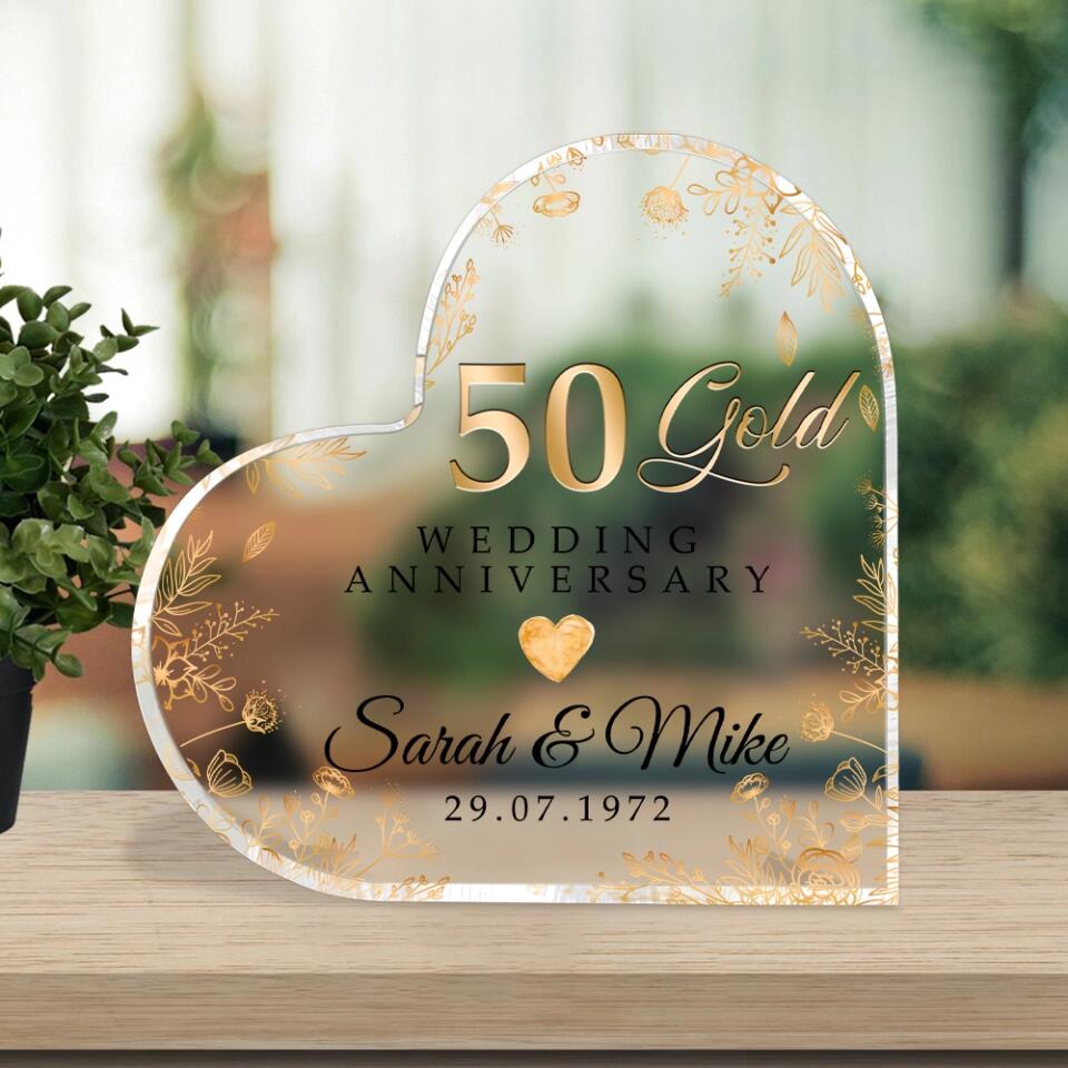 50 Gold Wedding Anniversary - Floral Style - 50 Years of Marriage Keepsake - Heart Acrylic Plaque - Home Decor - Anniverary Gifts for Her Him - Golden Anniversary Party Gifts - 302ICNLNAP231