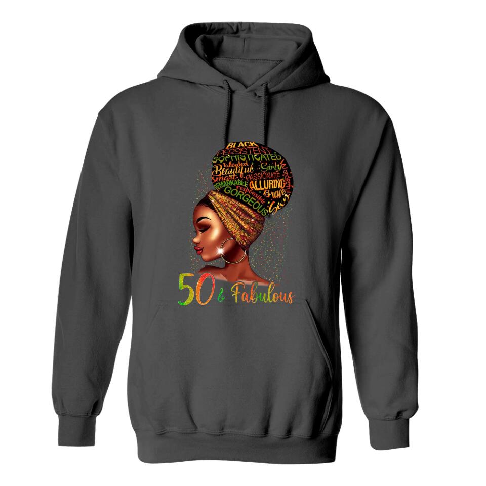 Black Women 50 & Fabulous with Characteristics - Black History Month Gift - T-shirt - Unisex Tee - 50th Birthday Gift - 50 Years Old Birthday Idea - Birthday Gift for Mom Auntie Bestie Beloved - 303ICNNPTS284