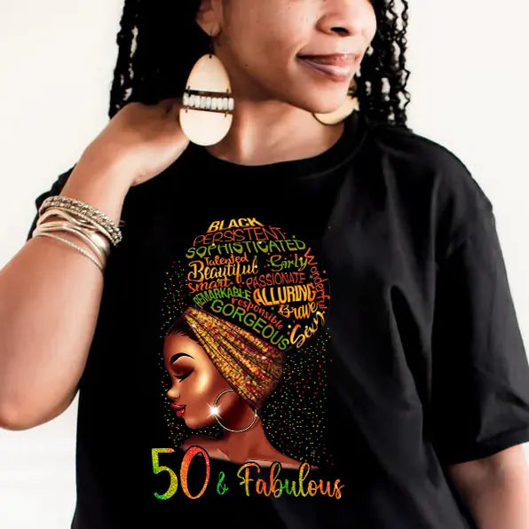 Black Women 50 &amp; Fabulous with Characteristics - Black History Month Gift - T-shirt - Unisex Tee - 50th Birthday Gift - 50 Years Old Birthday Idea - Birthday Gift for Mom Auntie Bestie Beloved - 303ICNNPTS284