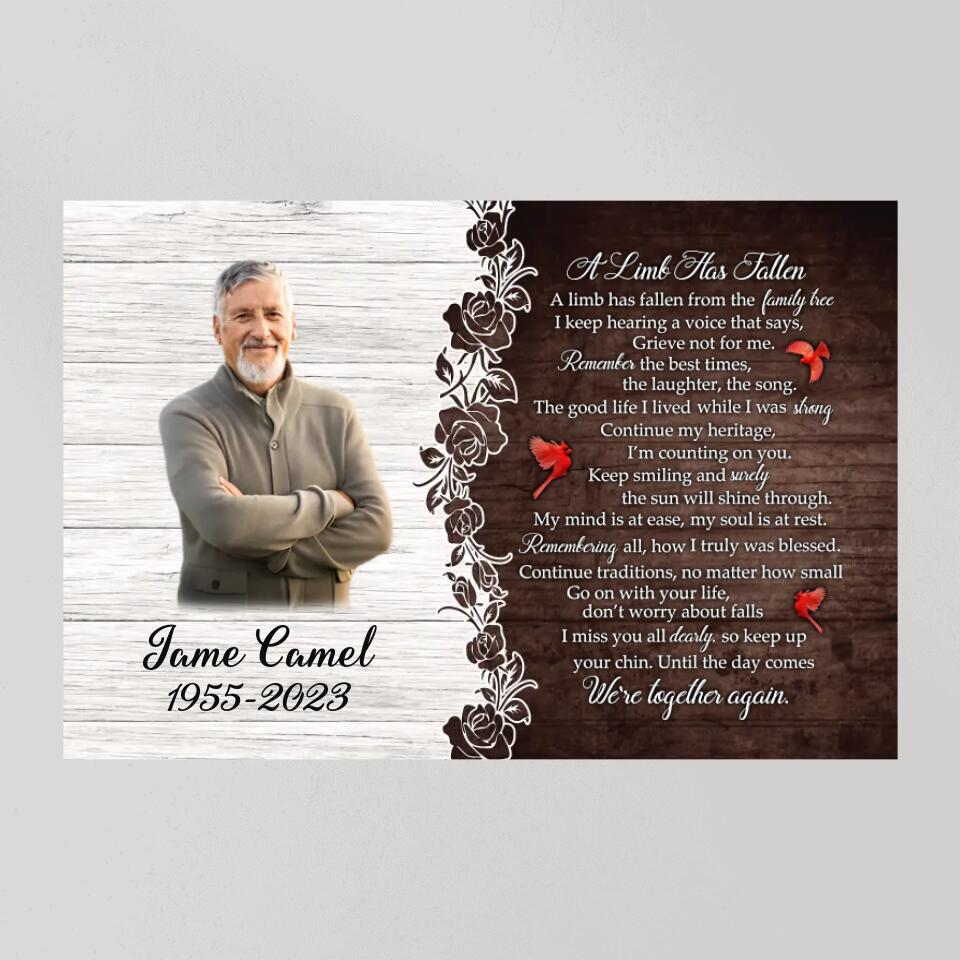 A Limb Has Fallen from the Family Tree Poem - Cardinal Memorial Gift - Personalized Photo & Name - Custom Years - Canvas/Poster - Gift for Loss Husband Loss Brother for Loss Beloved - 303ICNNPCA288