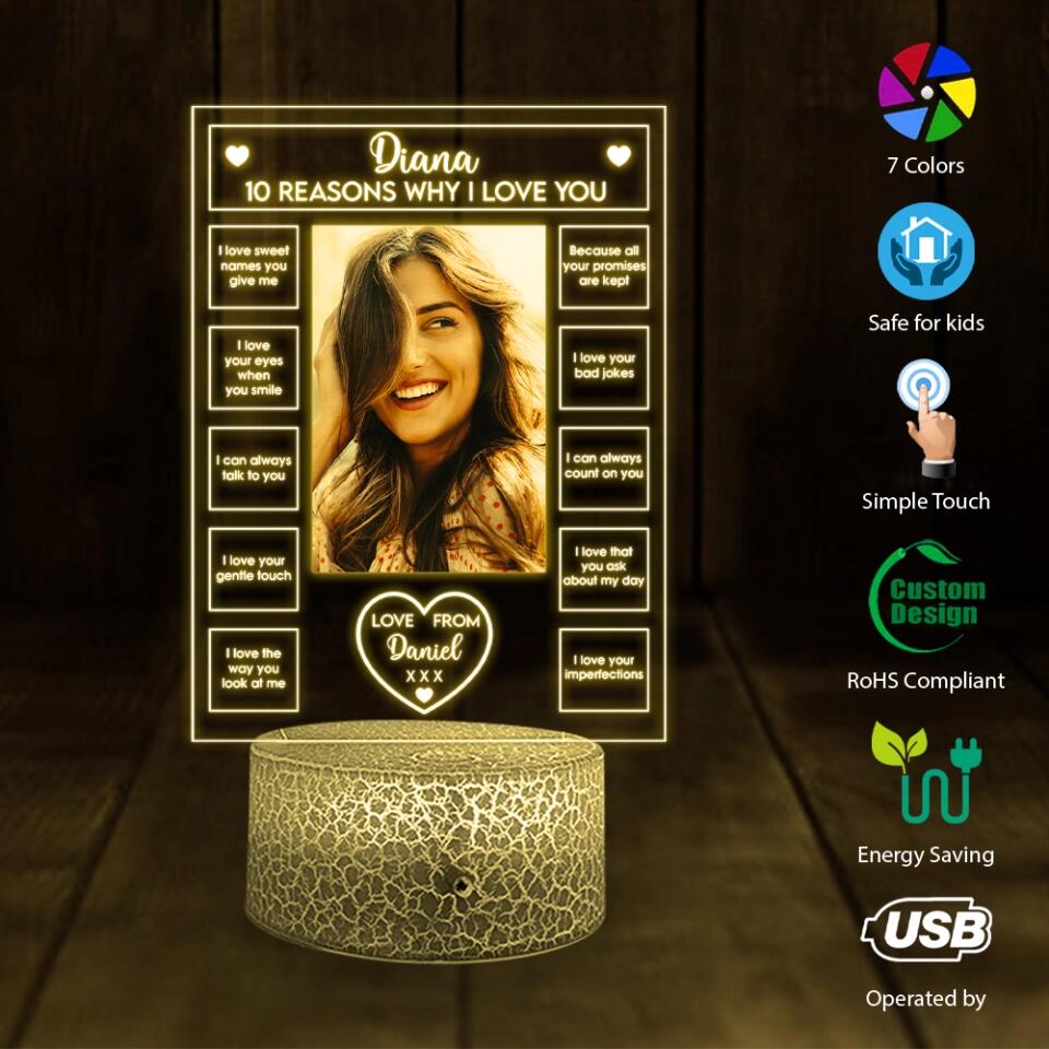 10 Reasons Why I Love You -  Personalized 3D LED Light - Sweet Gift For Couples
