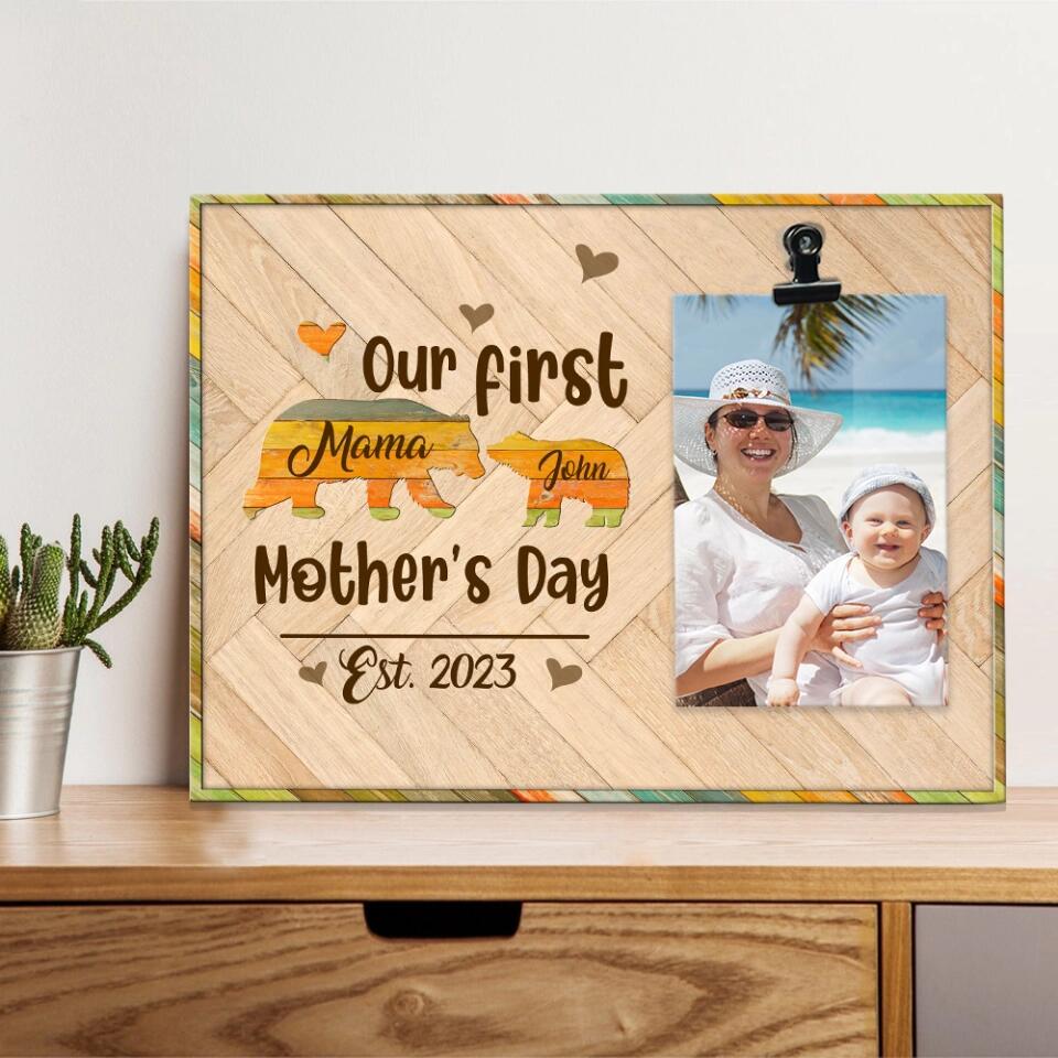 Our First Mother's Day - Elephant Mom & Daughter Son - Personalized Name - Photo Clip Frame - Picture Holder - Mother's Day Gift - Gift for Mommy Mama Mamaw - 303ICNLNPT305