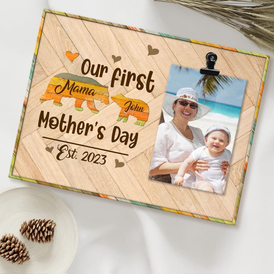 Our First Mother's Day - Elephant Mom & Daughter Son - Personalized Name - Photo Clip Frame - Picture Holder - Mother's Day Gift - Gift for Mommy Mama Mamaw - 303ICNLNPT305