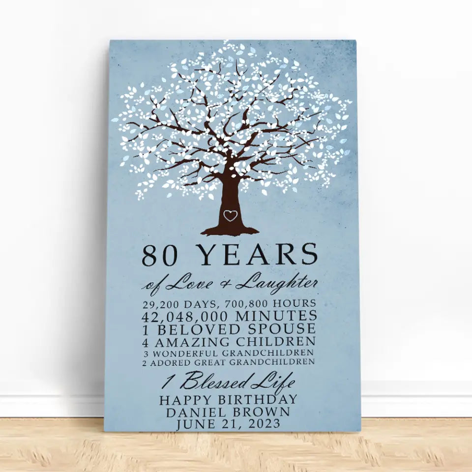 70th 75th 80th 90th 100th Birthday Gift - 80 Years of Love and Laughter - Tree of Life - Canvas/Poster - Wall Hanging Art - Birthday Gift for Grandma Grandpa Old Men Women - 303ICNHTCA277