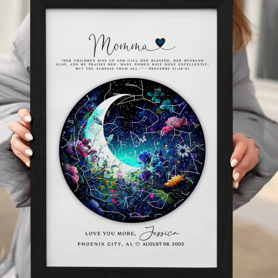 Mommy Quote Proverbs 31:28-31 Moon with Flowers Star Map - Lovely Gift from Daughter to Mom - Canvas/Poster - Custom Name - Personalized Nickname - Mother&#39;s Day Gift - 303ICNLNCA309