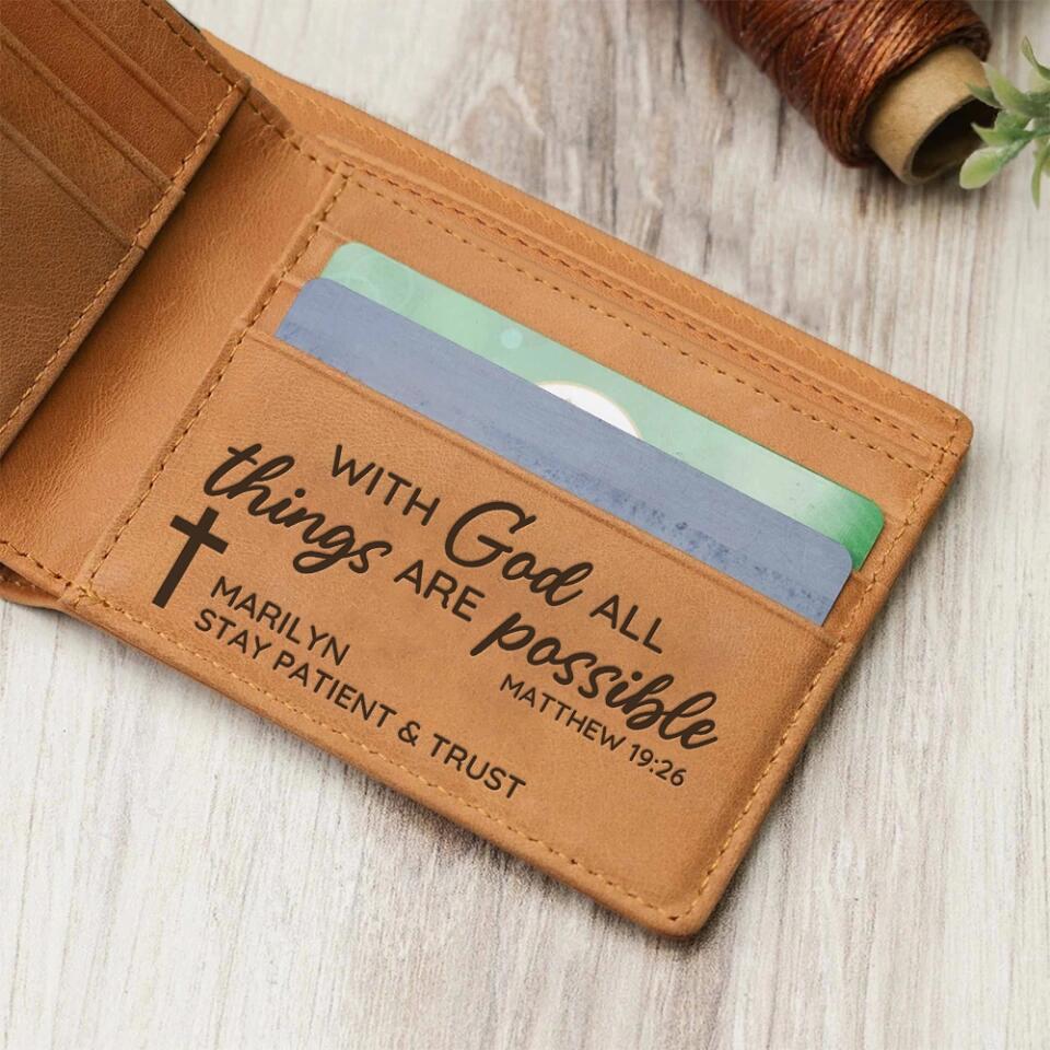 With God All Things Are Possible - Bibble Quote - Personalized Name - Engraved Leather Wallet - Men's Jewelry - Money Holder - Birthday Gift - Confirmation Gift for Boys - 303ICNNPLW331