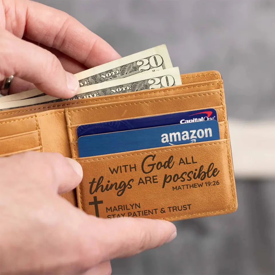 With God All Things Are Possible - Bibble Quote - Personalized Name - Engraved Leather Wallet - Men's Jewelry - Money Holder - Birthday Gift - Confirmation Gift for Boys - 303ICNNPLW331
