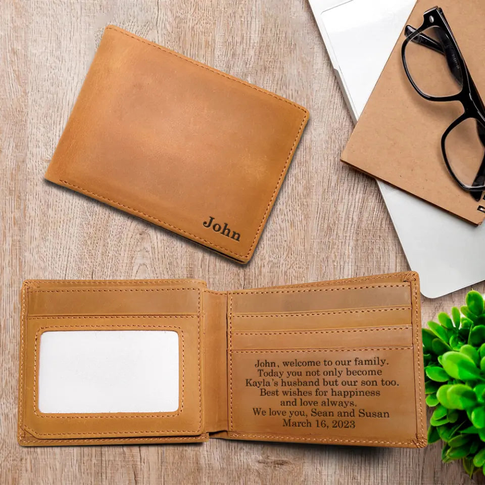 Welcom To Our Family - Personalized Men&#39;s Engraved Leather Wallet - Gift For Son-in-law On Birthday