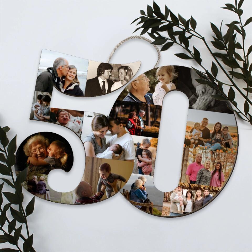 Couple Wooden Sign Golden Milestone - Custom Photo Collage Wooden Sign