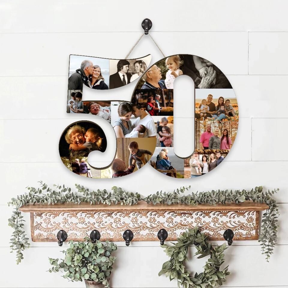 Couple Wooden Sign Golden Milestone - Custom Photo Collage Wooden Sign