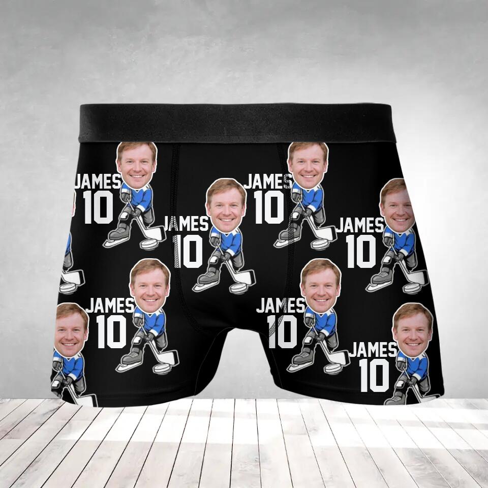 Man Playing Hockey Costume - Personalized Face & Name - Men's Boxer - Funny Gift for Hocky Player, Coaches, Fan