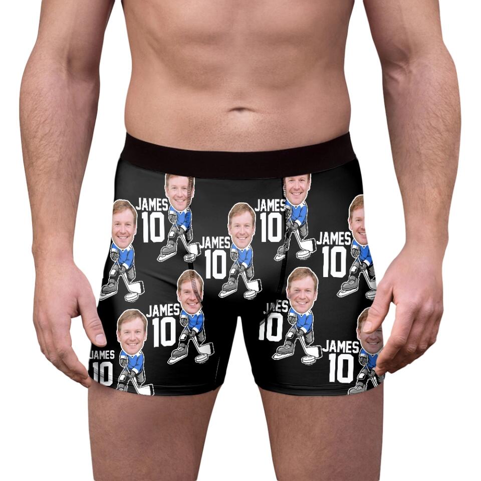 Man Playing Hockey Costume - Personalized Face & Name - Men's Boxer - Funny Gift for Hocky Player, Coaches, Fan