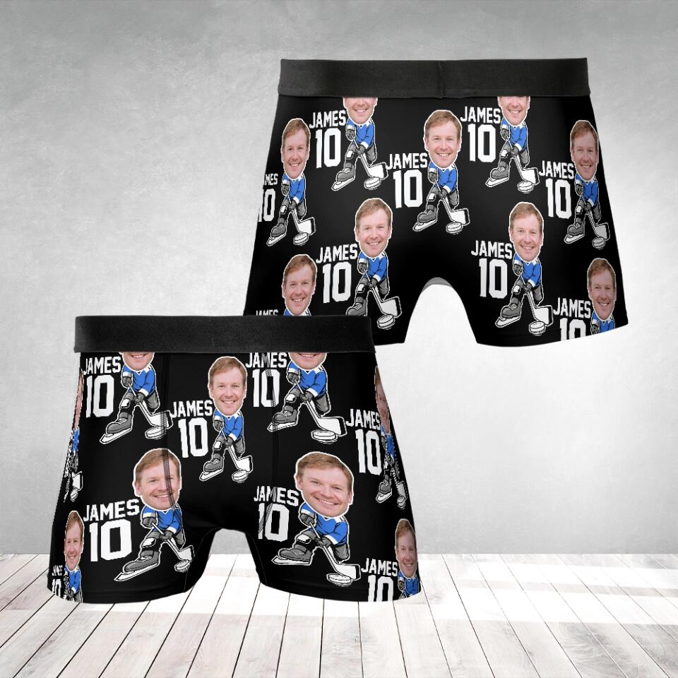 Man Playing Hockey Costume - Personalized Face & Name - Men's Boxer - Funny Gift for Hocky Player, Coaches, Fan